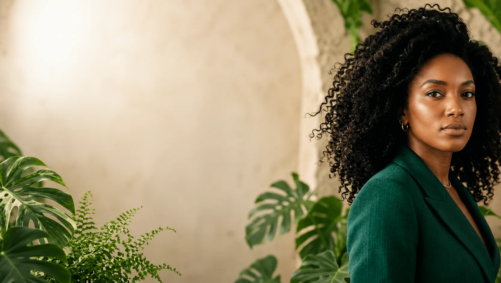 Mulher com cabelo cacheado em ambiente tropical com o logo Fauna & Flora