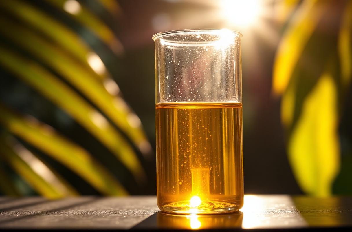 Vidraria de laboratório com sérum dourado ao sol entre folhas tropicais